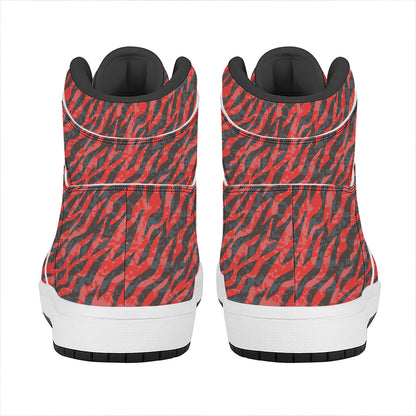 Black And Red Tiger Stripe Camo Print High Top Leather Sneakers