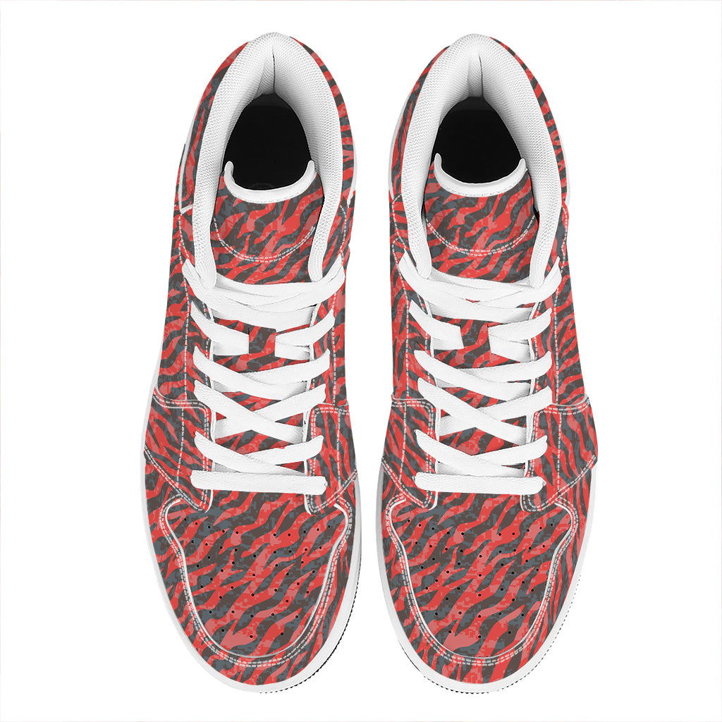 Black And Red Tiger Stripe Camo Print High Top Leather Sneakers