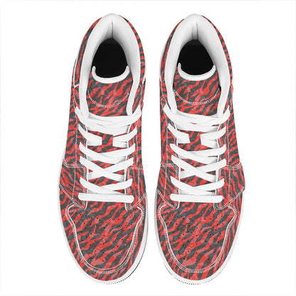 Black And Red Tiger Stripe Camo Print High Top Leather Sneakers
