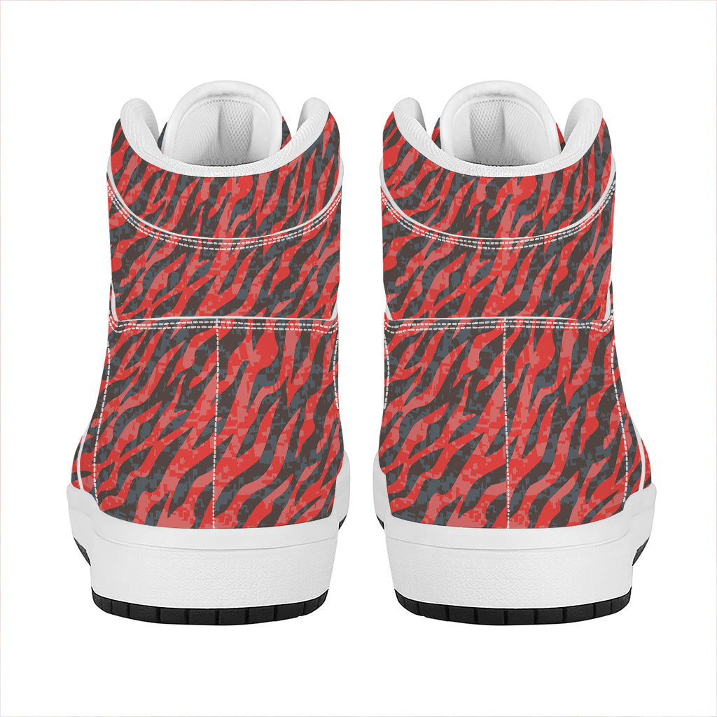 Black And Red Tiger Stripe Camo Print High Top Leather Sneakers