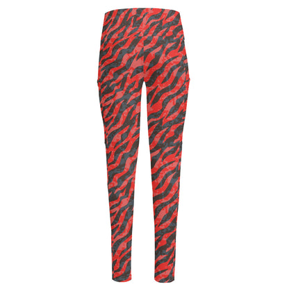 Black And Red Tiger Stripe Camo Print High-Waisted Pocket Leggings