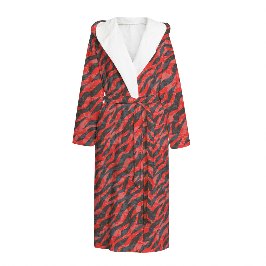 Black And Red Tiger Stripe Camo Print Hooded Bathrobe