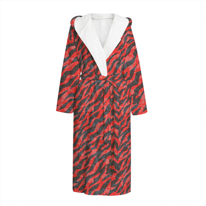 Black And Red Tiger Stripe Camo Print Hooded Bathrobe