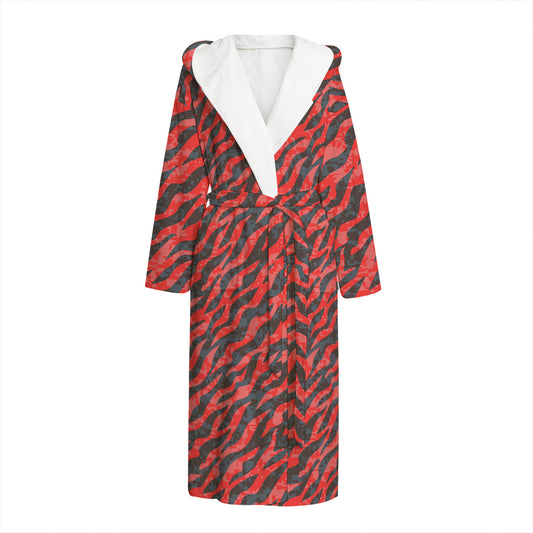 Black And Red Tiger Stripe Camo Print Hooded Bathrobe