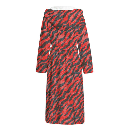 Black And Red Tiger Stripe Camo Print Hooded Bathrobe
