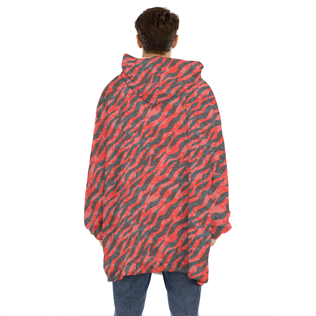 Black And Red Tiger Stripe Camo Print Hoodie Blanket