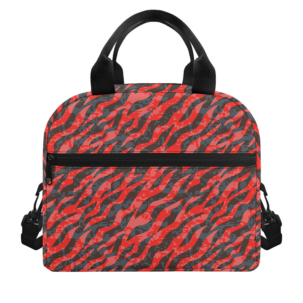 Black And Red Tiger Stripe Camo Print Insulated Lunch Bag