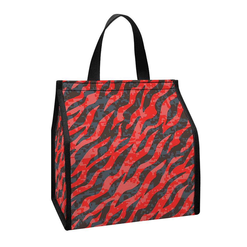Black And Red Tiger Stripe Camo Print Insulated Lunch Tote