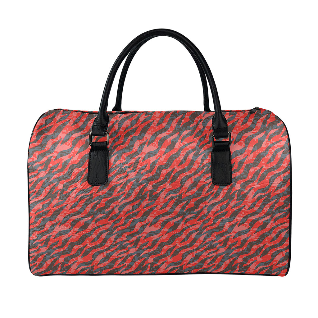 Black And Red Tiger Stripe Camo Print Leather Duffle Bag