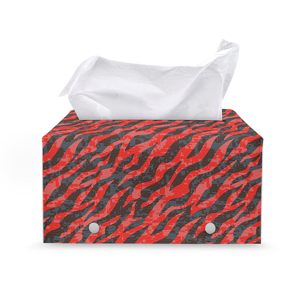 Black And Red Tiger Stripe Camo Print Leather Tissue Box Cover