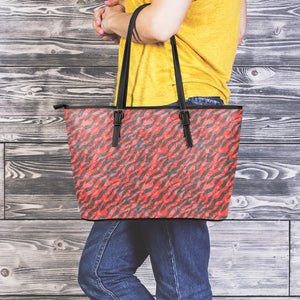 Black And Red Tiger Stripe Camo Print Leather Tote Bag