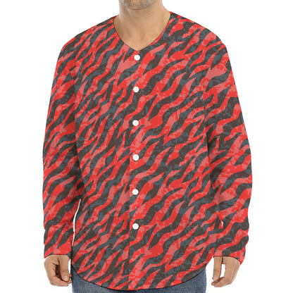 Black And Red Tiger Stripe Camo Print Long Sleeve Baseball Jersey