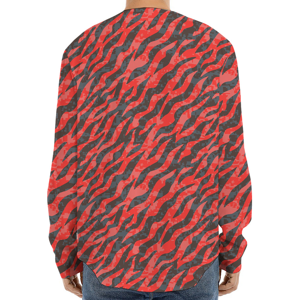 Black And Red Tiger Stripe Camo Print Long Sleeve Baseball Jersey