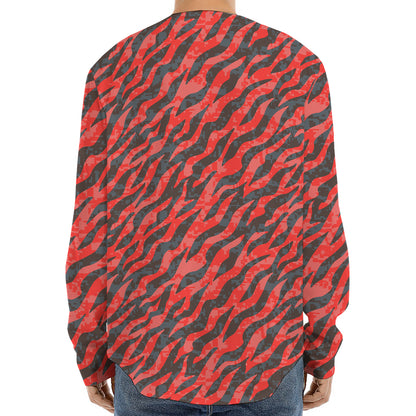 Black And Red Tiger Stripe Camo Print Long Sleeve Baseball Jersey