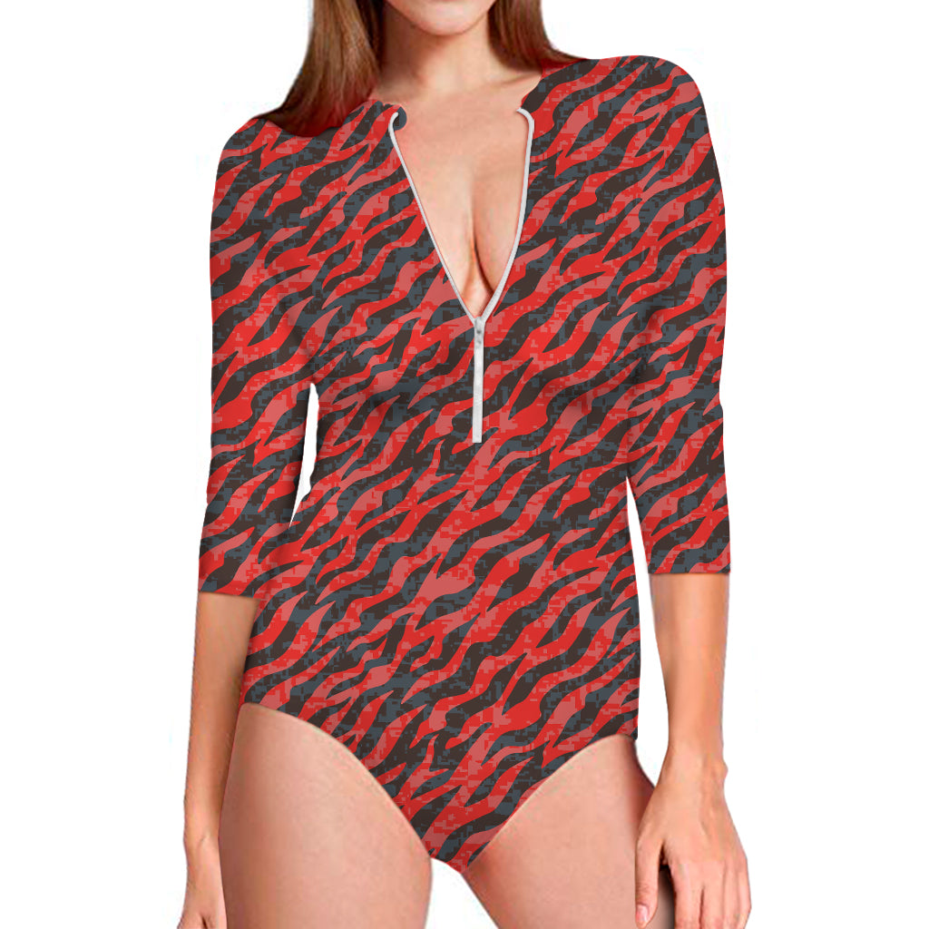 Black And Red Tiger Stripe Camo Print Long Sleeve Swimsuit