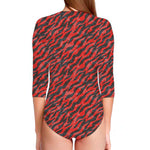 Black And Red Tiger Stripe Camo Print Long Sleeve Swimsuit