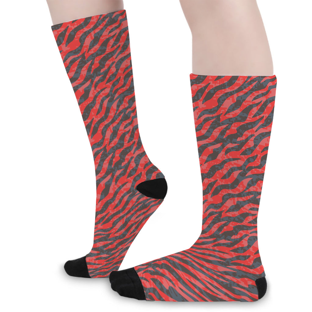 Black And Red Tiger Stripe Camo Print Long Socks