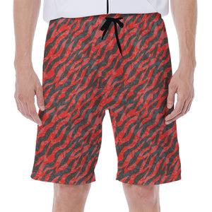 Black And Red Tiger Stripe Camo Print Men's Beach Shorts