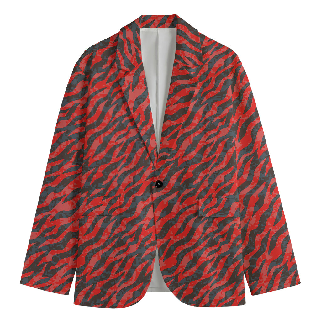 Black And Red Tiger Stripe Camo Print Men's Blazer