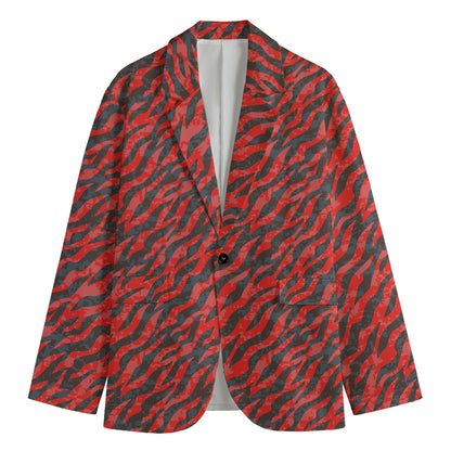 Black And Red Tiger Stripe Camo Print Men's Blazer