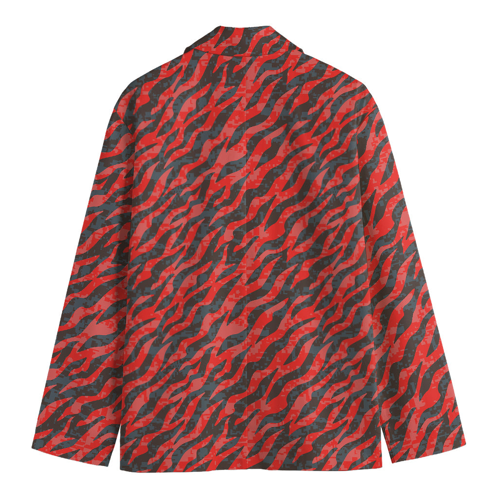 Black And Red Tiger Stripe Camo Print Men's Blazer