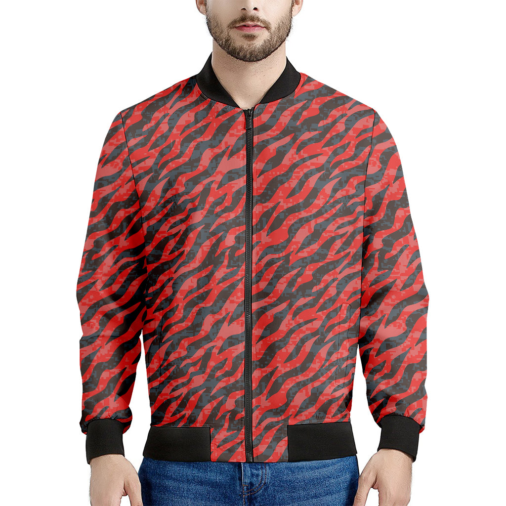 Black And Red Tiger Stripe Camo Print Men's Bomber Jacket