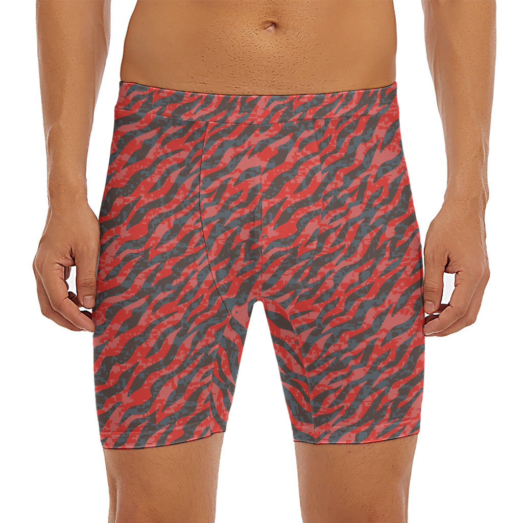 Black And Red Tiger Stripe Camo Print Men's Long Boxer Briefs