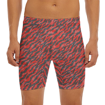 Black And Red Tiger Stripe Camo Print Men's Long Boxer Briefs