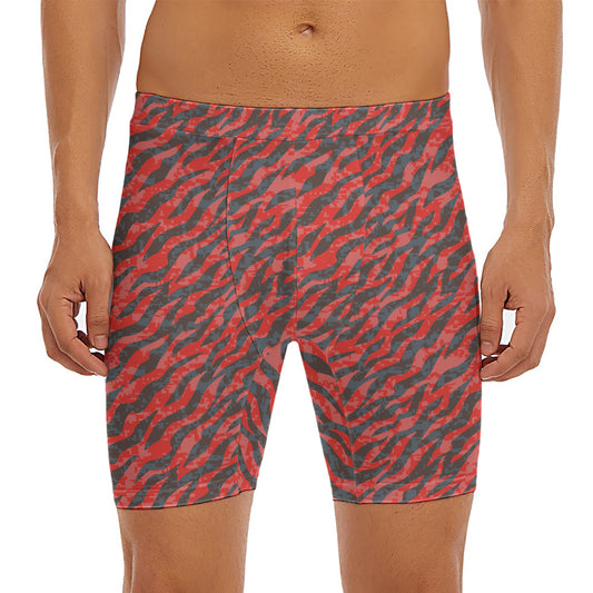 Black And Red Tiger Stripe Camo Print Men's Long Boxer Briefs