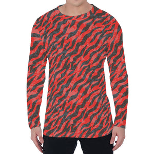 Black And Red Tiger Stripe Camo Print Men's Long Sleeve T-Shirt