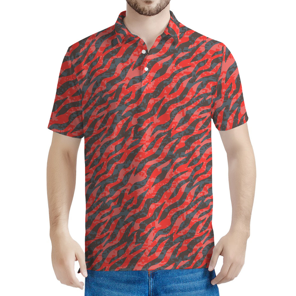 Black And Red Tiger Stripe Camo Print Men's Polo Shirt