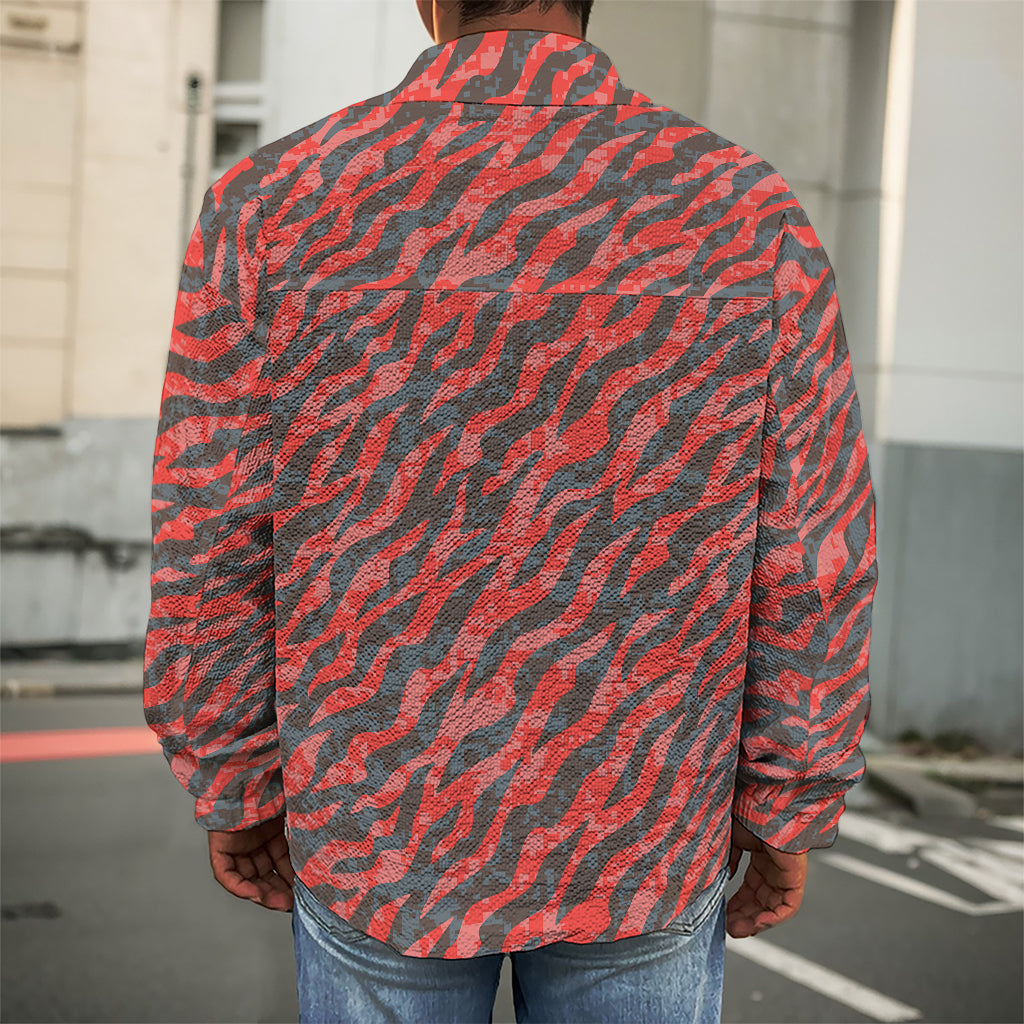 Black And Red Tiger Stripe Camo Print Men's Shirt Jacket