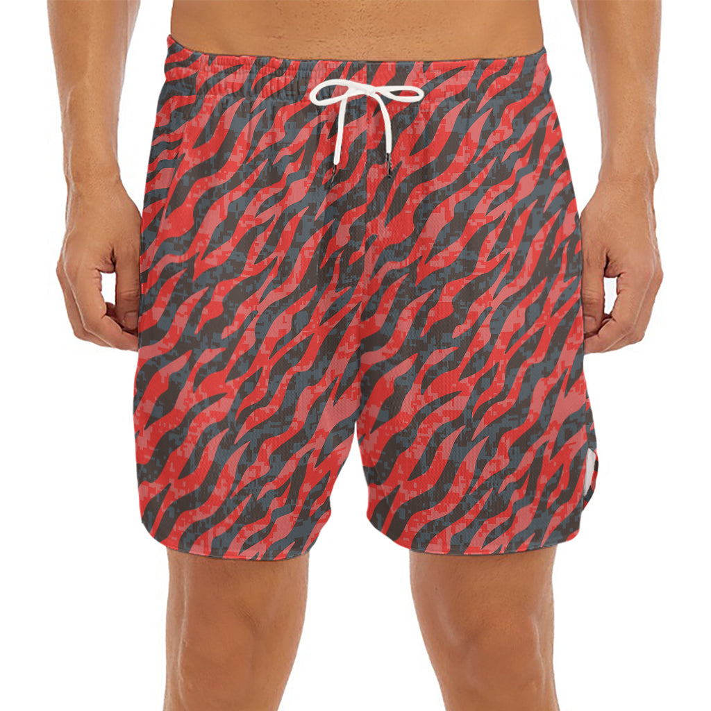 Black And Red Tiger Stripe Camo Print Men's Split Running Shorts