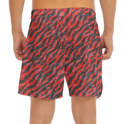 Black And Red Tiger Stripe Camo Print Men's Split Running Shorts