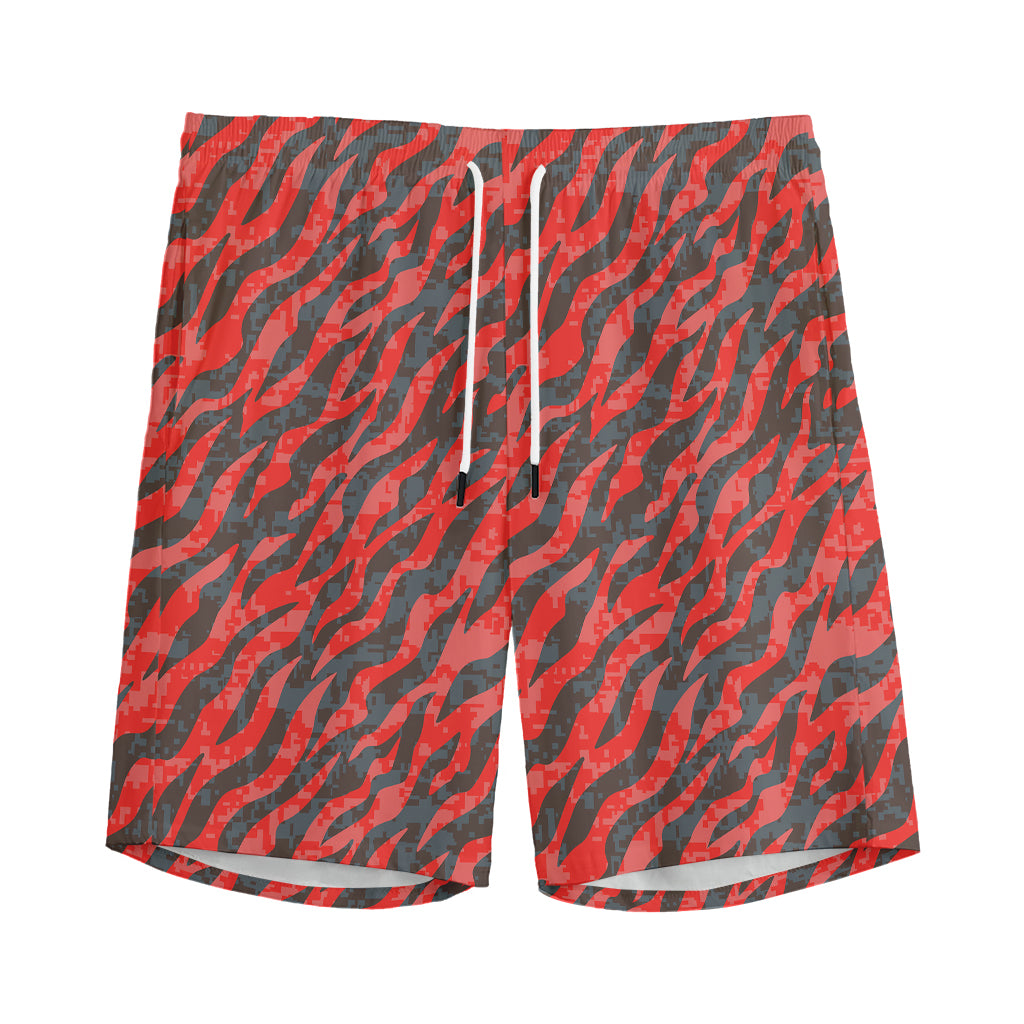 Black And Red Tiger Stripe Camo Print Men's Sports Shorts