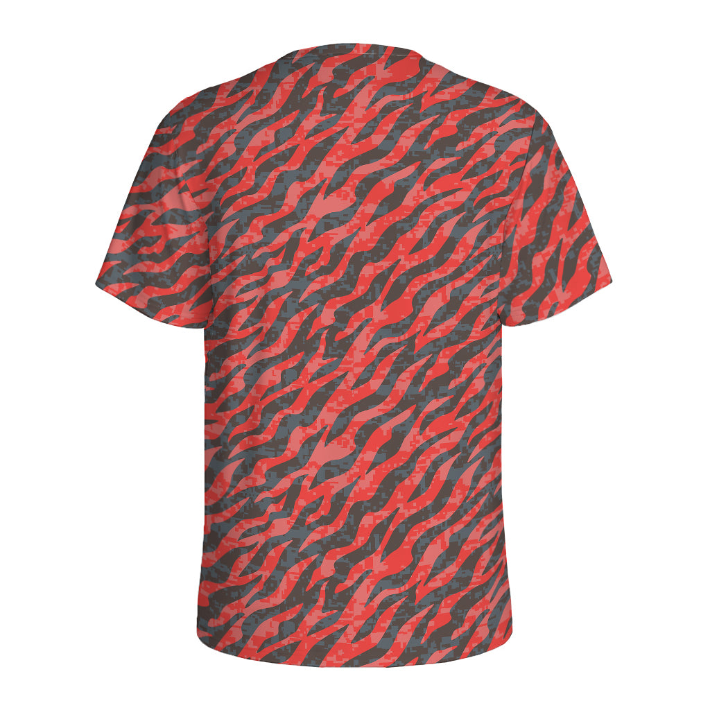 Black And Red Tiger Stripe Camo Print Men's Sports T-Shirt