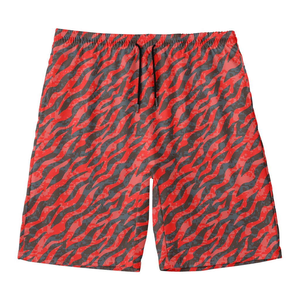 Black And Red Tiger Stripe Camo Print Men's Swim Trunks