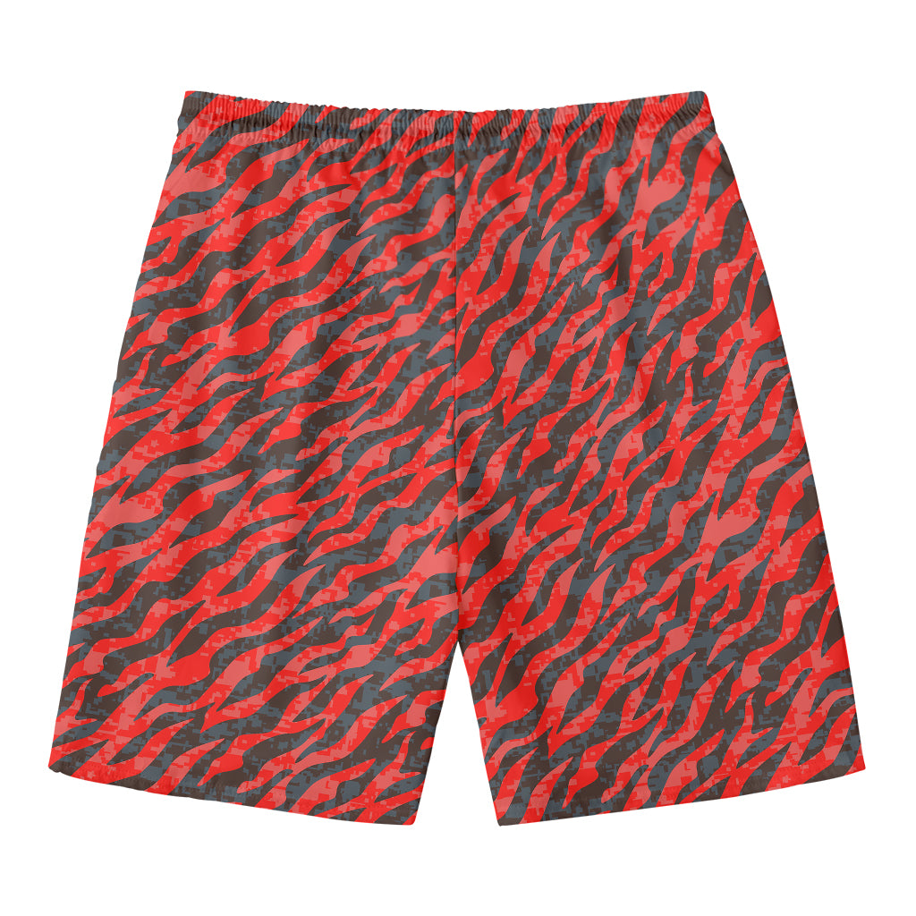 Black And Red Tiger Stripe Camo Print Men's Swim Trunks