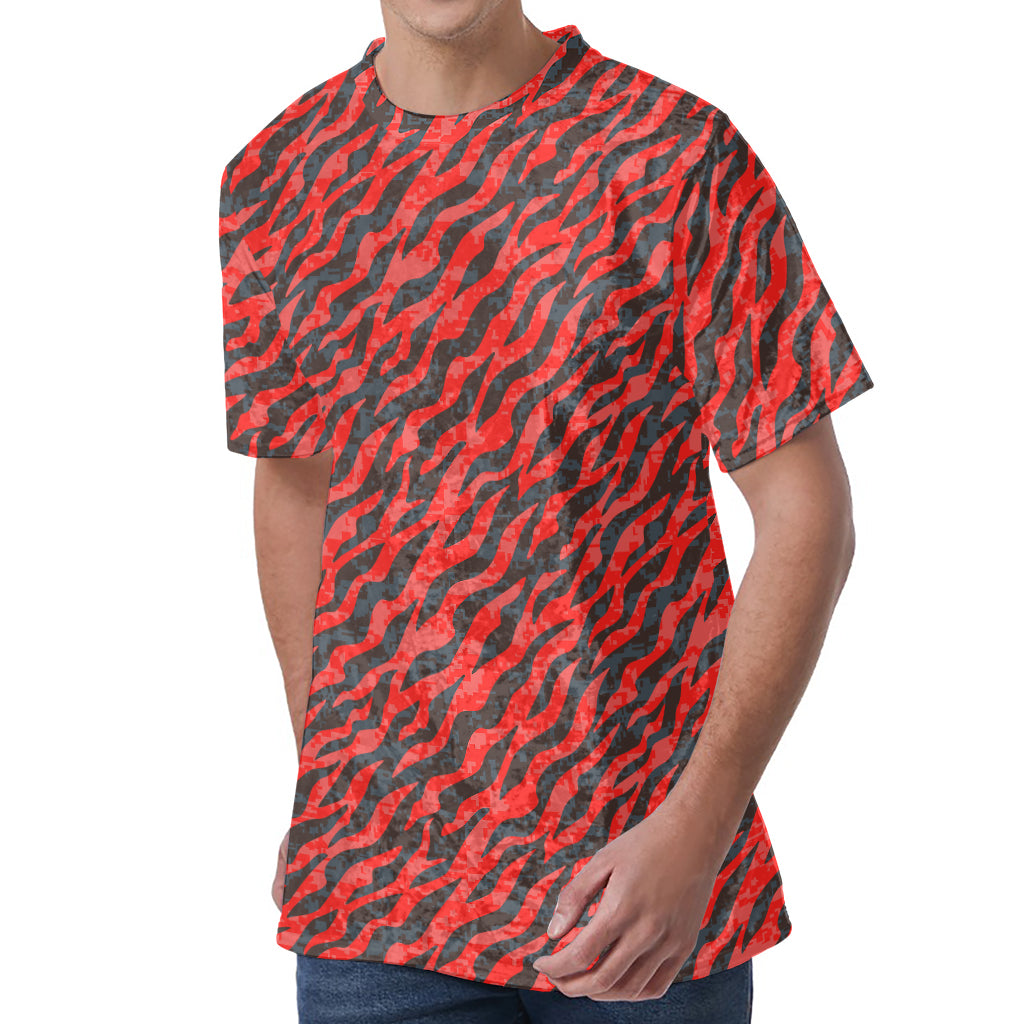 Black And Red Tiger Stripe Camo Print Men's Velvet T-Shirt