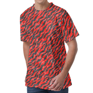 Black And Red Tiger Stripe Camo Print Men's Velvet T-Shirt
