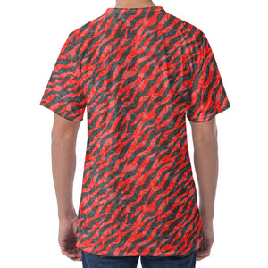 Black And Red Tiger Stripe Camo Print Men's Velvet T-Shirt