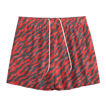 Black And Red Tiger Stripe Camo Print Mesh Shorts