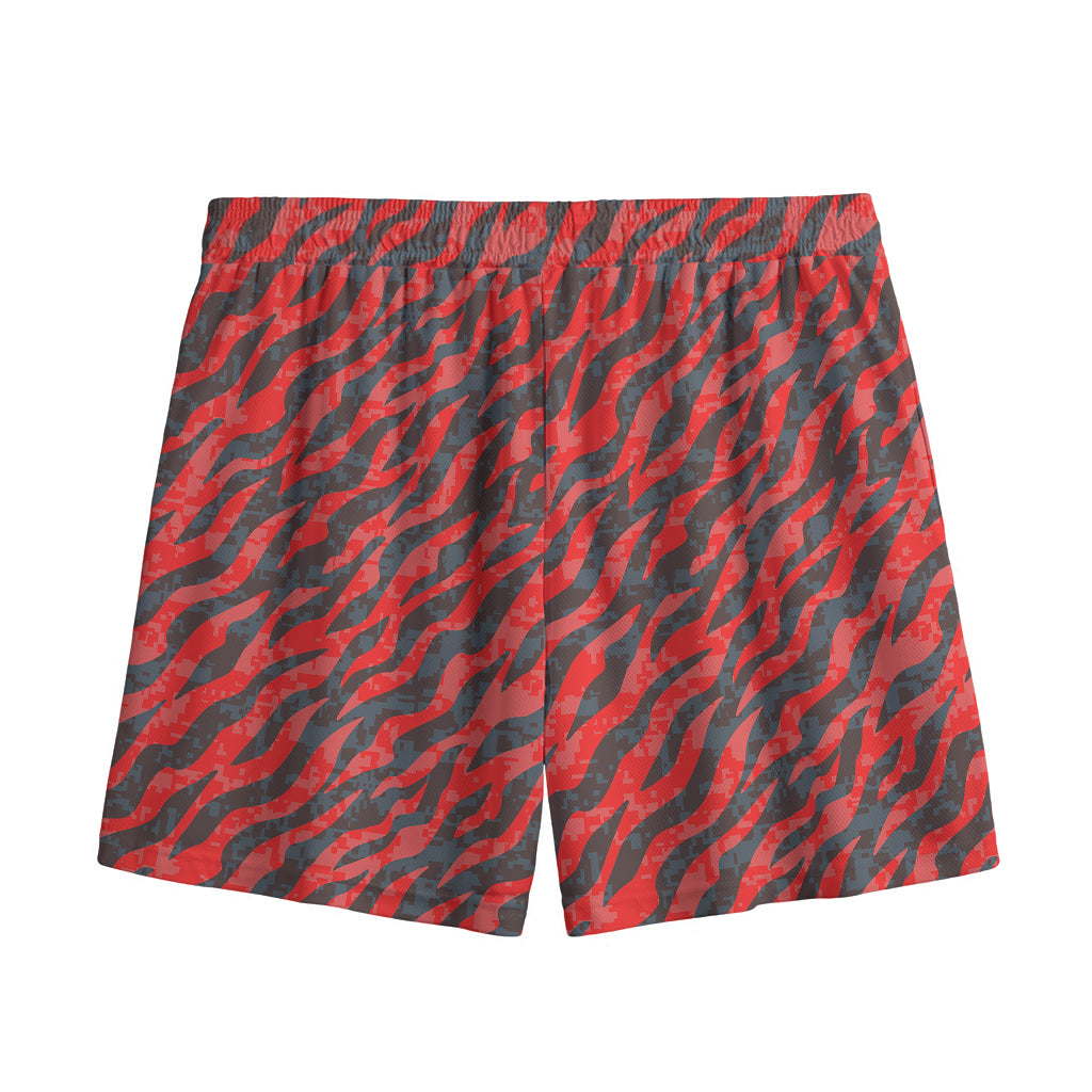 Black And Red Tiger Stripe Camo Print Mesh Shorts