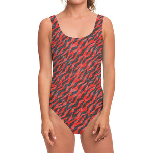 Black And Red Tiger Stripe Camo Print One Piece Swimsuit