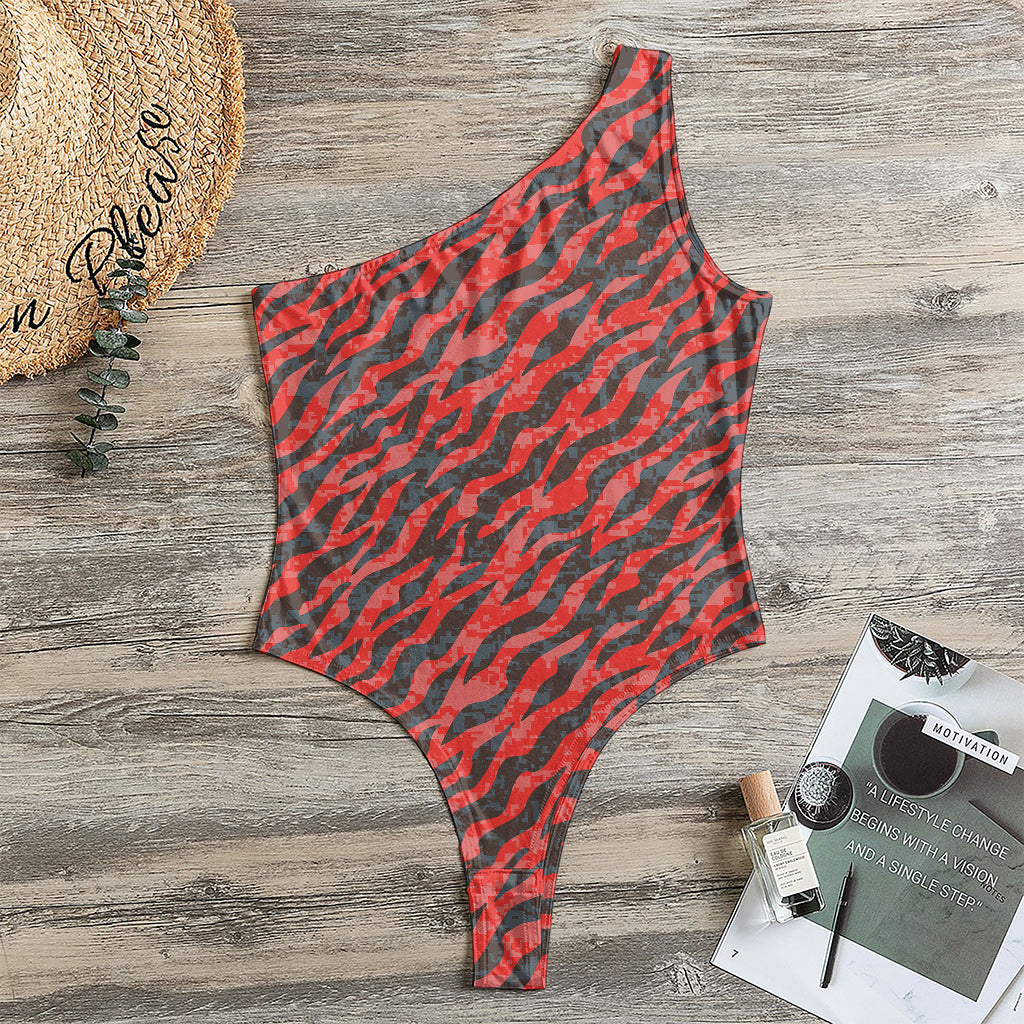 Black And Red Tiger Stripe Camo Print One Shoulder Bodysuit