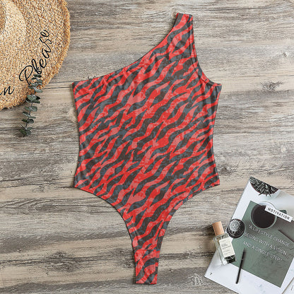 Black And Red Tiger Stripe Camo Print One Shoulder Bodysuit