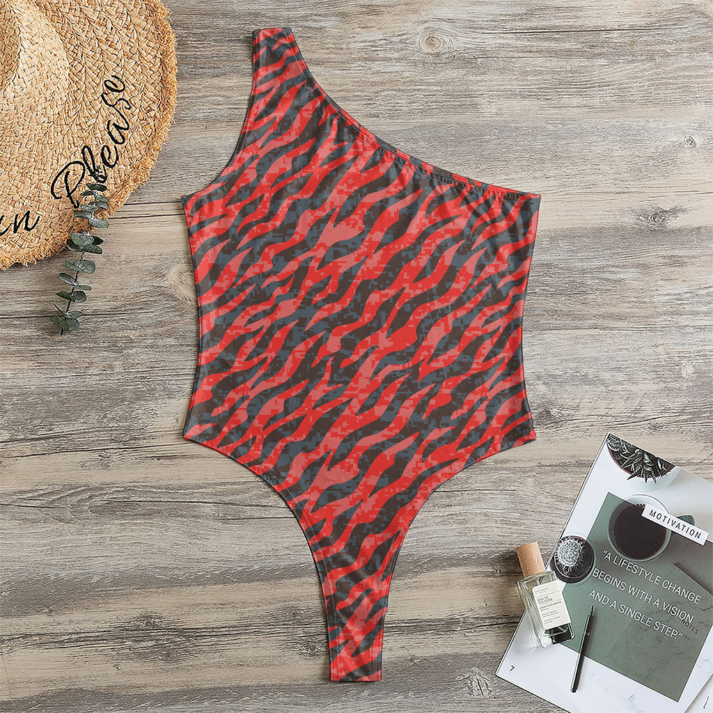 Black And Red Tiger Stripe Camo Print One Shoulder Bodysuit