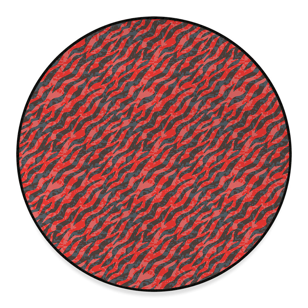 Black And Red Tiger Stripe Camo Print Round Floor Mat