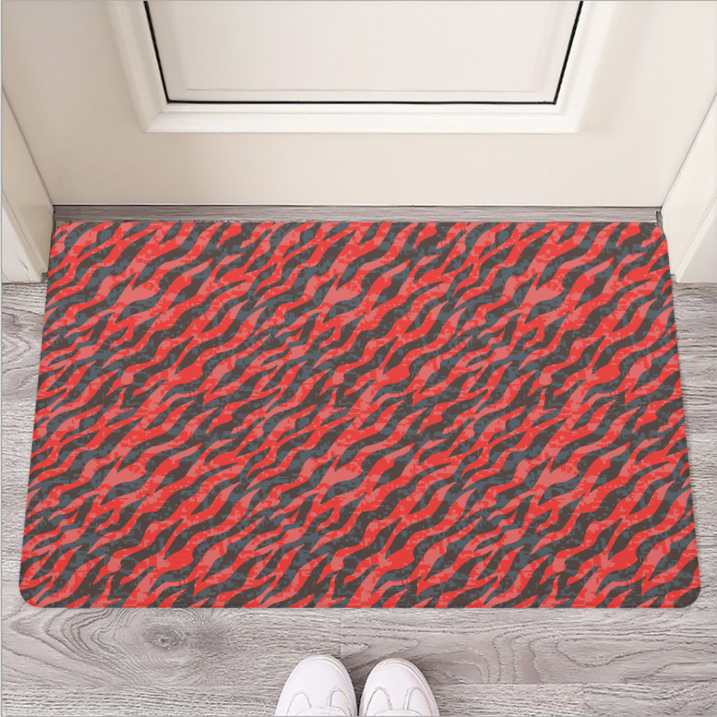 Black And Red Tiger Stripe Camo Print Rubber Doormat