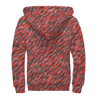 Black And Red Tiger Stripe Camo Print Sherpa Lined Zip Up Hoodie